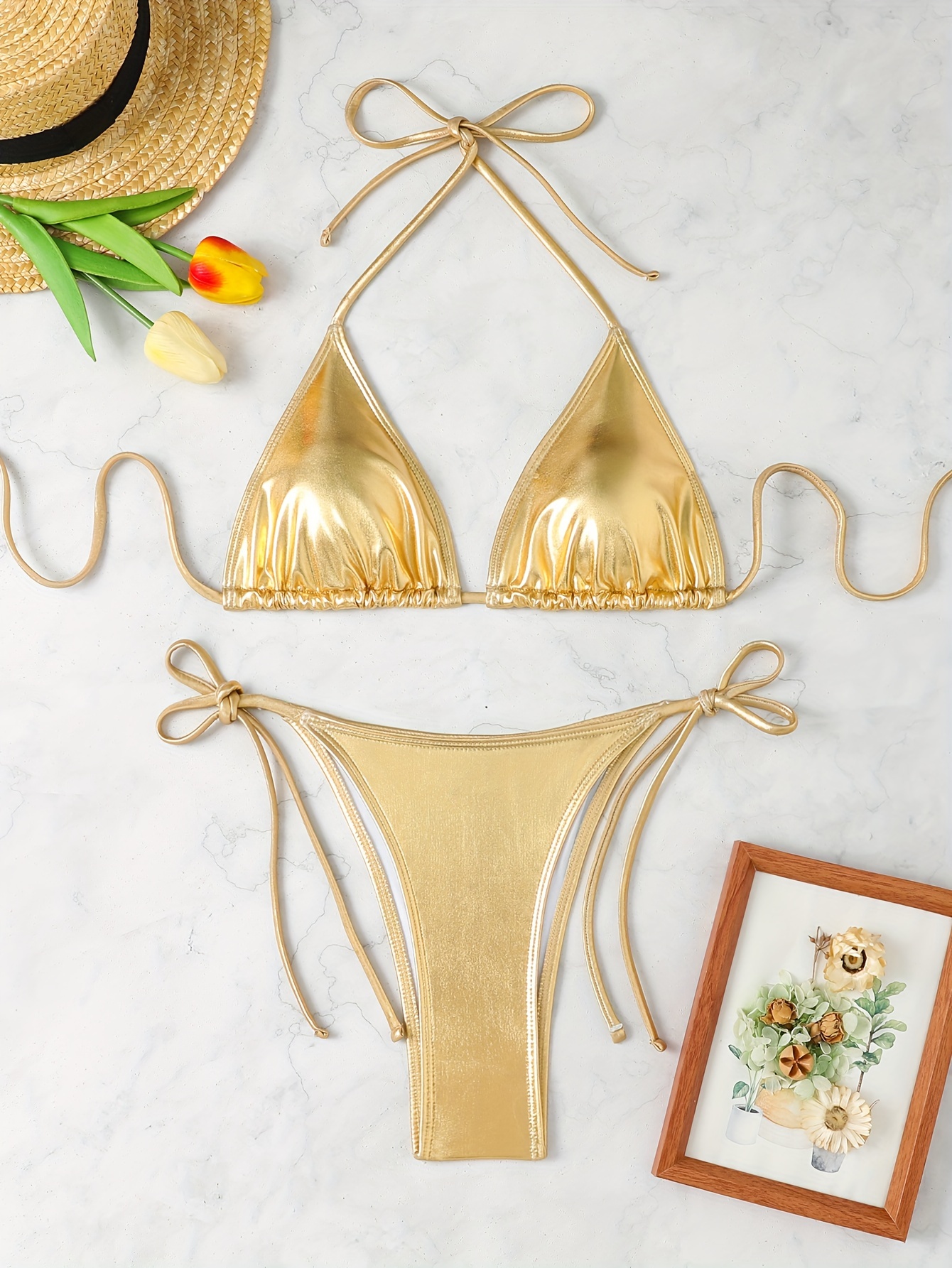 New Sexy Shiny Fabric Split Bikini Swimsuit for Women