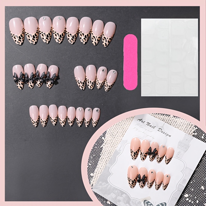 TEMU 24pcs Premium Leopard Print Bow Nail Tips, Long And, Detachable False Nails With 1pc Jelly Glue And 1pc Buffer, Very Sturdy, Enhance Your