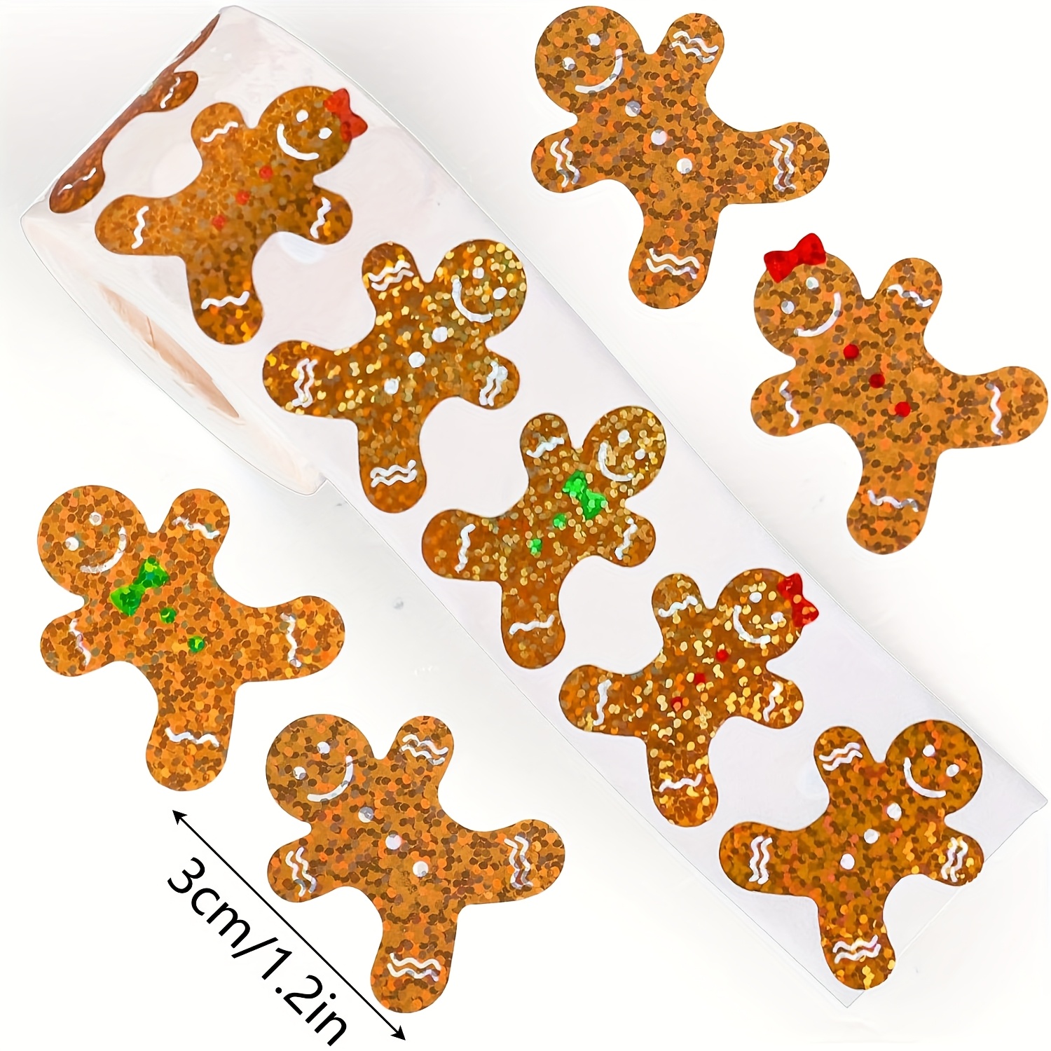 TEMU 500pcs/roll Holographic Laser Christmas Gingerbread Man Doodle Sticker Roll Large Irregular 3cm/1.2in Laser Printed Christmas Cartoon