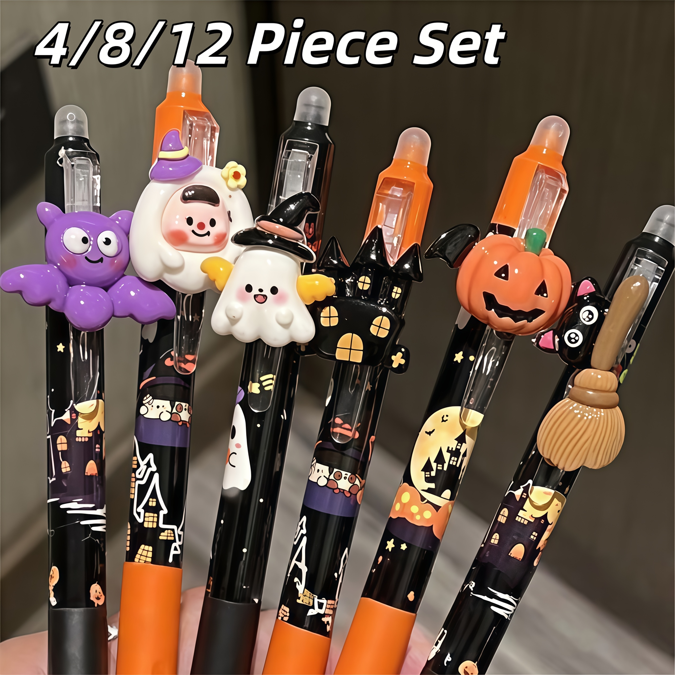 TEMU Set casuale /8/12 pezzi di penne cancellabili termiche con ciondolo 3D a tema Halloween, stile curativo, cancellabili, lisci, per strofinare, ,
