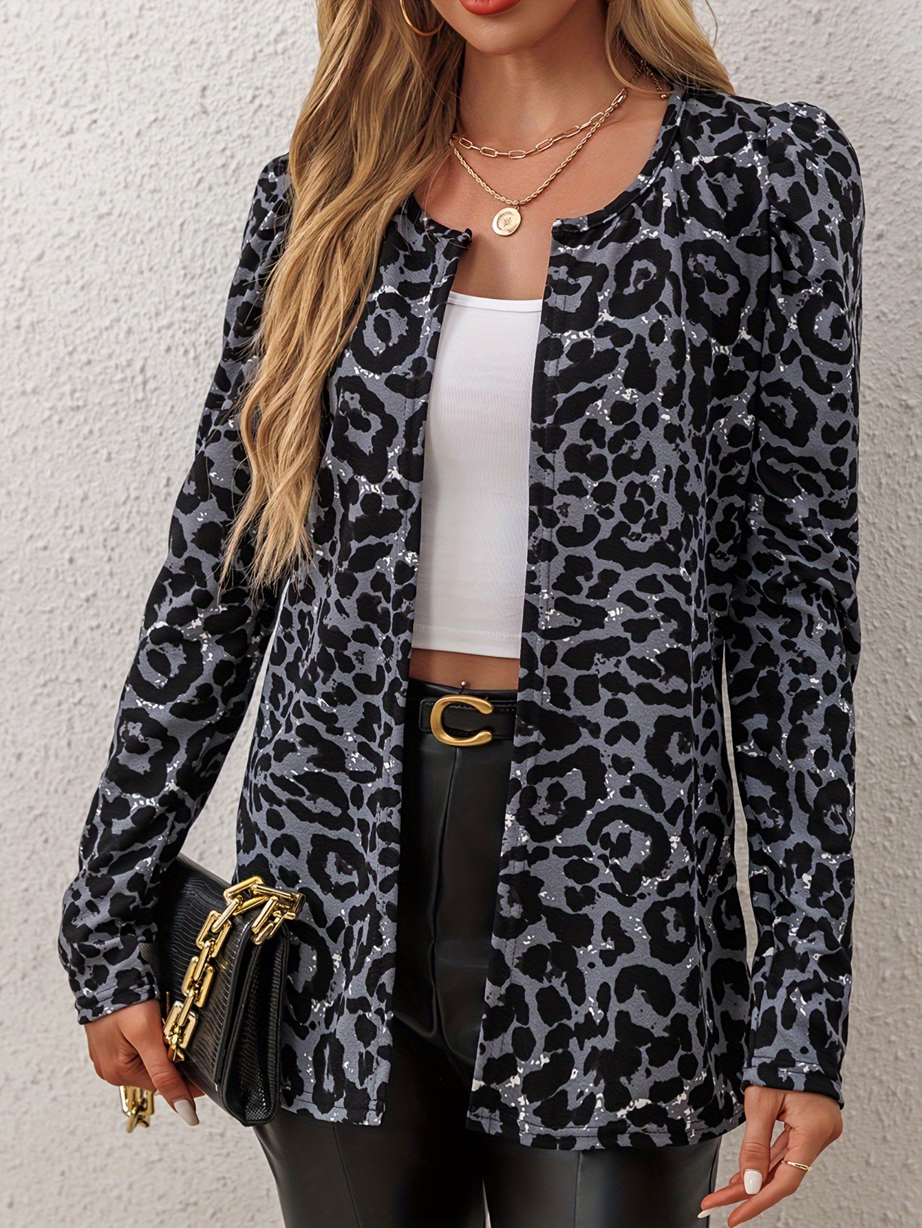 Women's Leopard Print Lightweight Jacket - Elegant Loose Fit Mid-Length Open Front Coat with Long Sleeves, Machine Washable Spring Summer Fall Casual Outerwear, Leopard Print Jacket, Seasonal Fashion, Buckle Belt Accent, No Button Closure