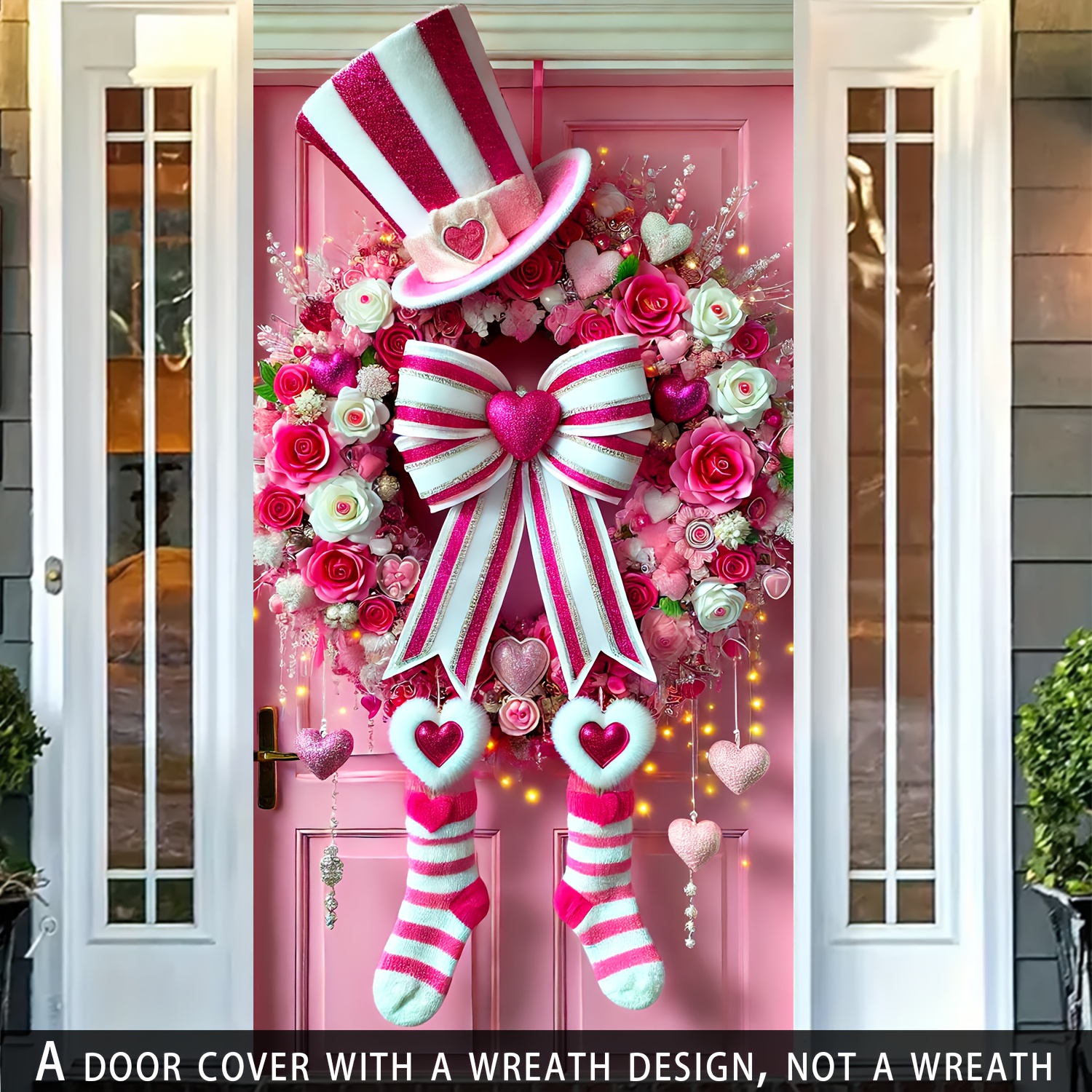 

2d Door Banner, 2d Door Banner 1pc Valentine's Day Polyester Door Cover, & With Hat And Roses, No Electricity Needed, Seasonal Entryway Hanging Decor