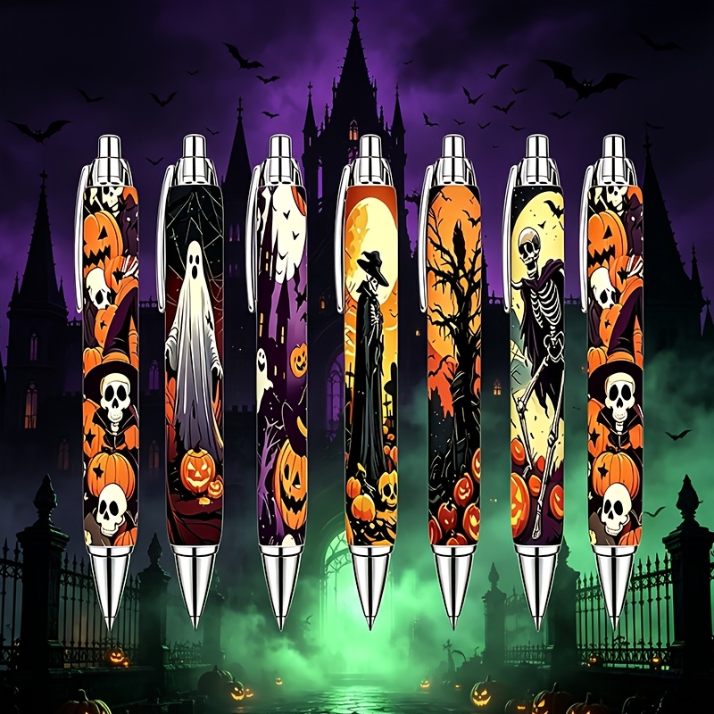 TEMU Horror Halloween Themed Ballpoint Pen Set Of 7, Vintage Dark Gothic Reaper Pumpkin Pattern Retractable Pens, Grip Black Ink Pens, Perfect