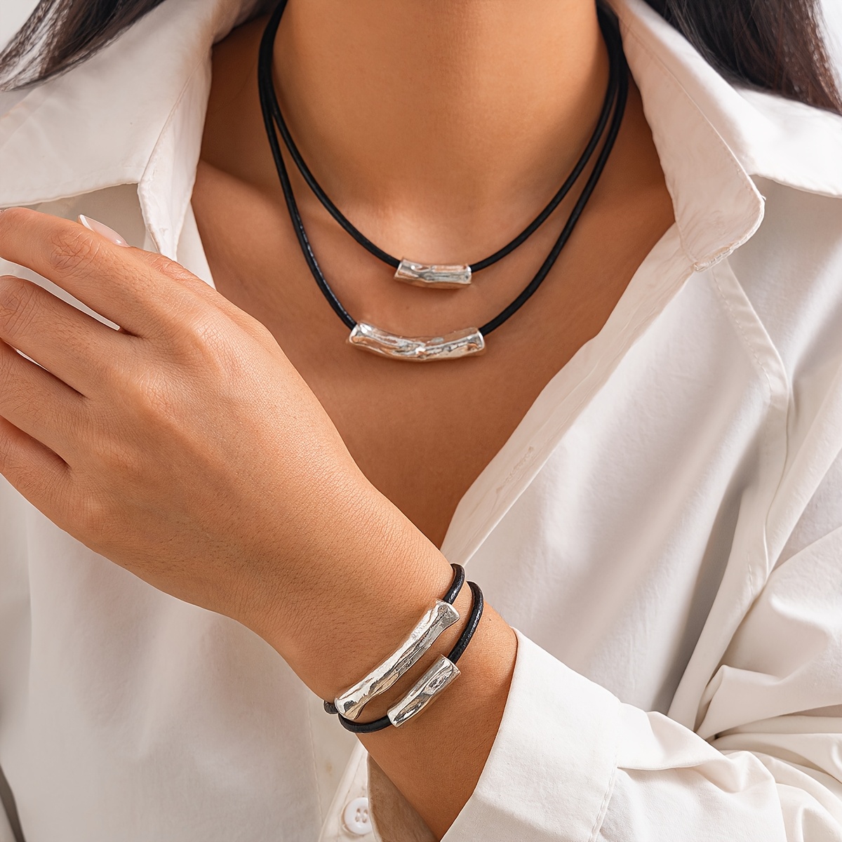 Retro Punk Style Beaded Necklace and Bracelet Set