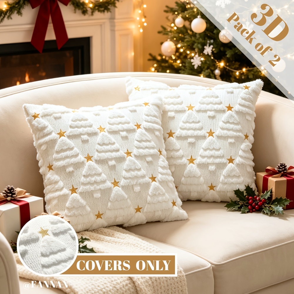 TEMU 2pcs Christmas Tree Embroidered Quilted Plush Throw Pillow Covers 18x18 Inch Star Snowflake Nordic Ins Scandinavian Minimalist Holiday Cushion