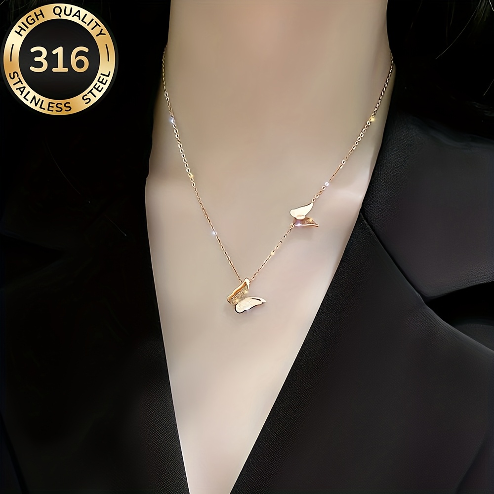 Women's Golden Butterfly Stainless Steel Necklace, Elegant Gift