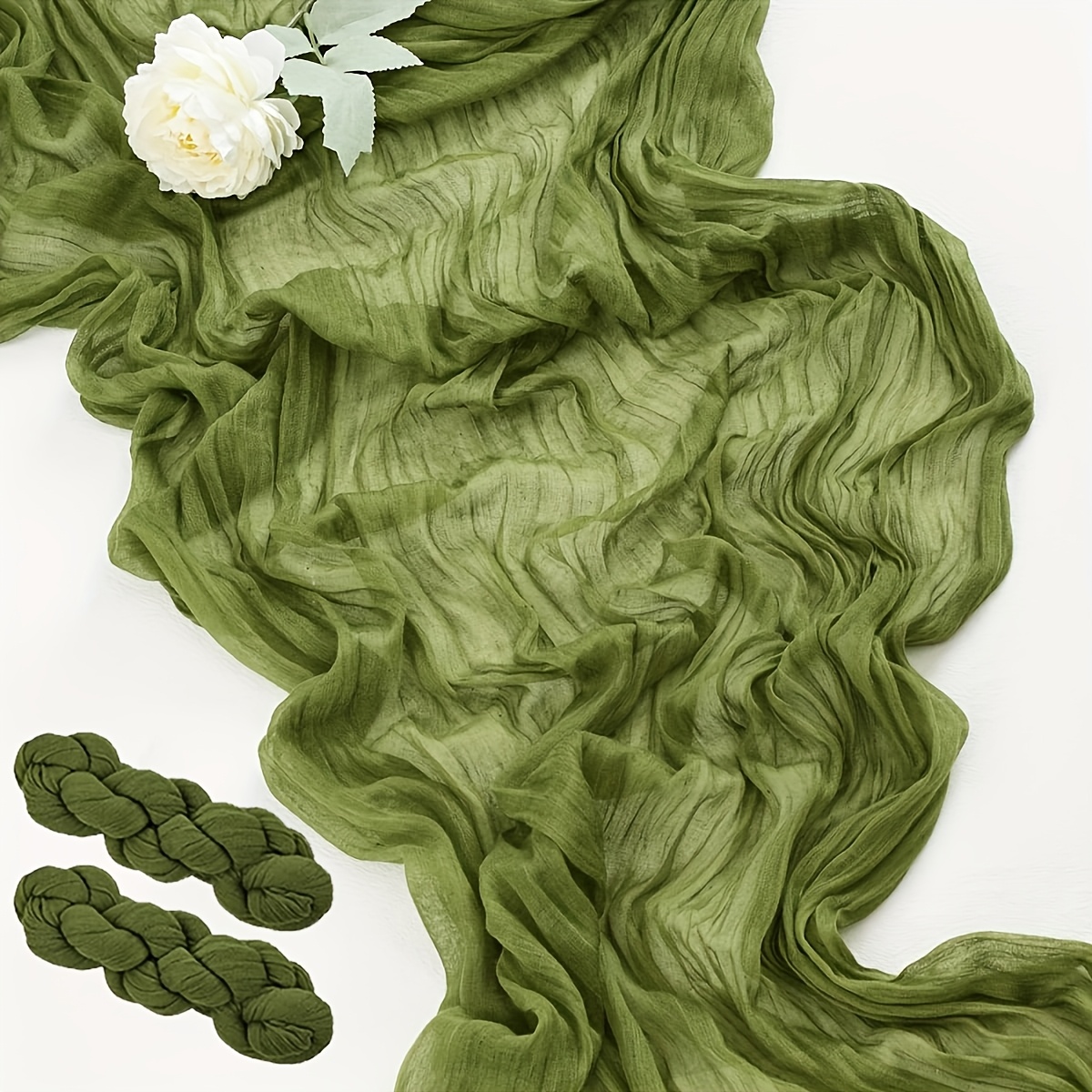 TEMU 2pcs Olive Green Cheesecloth Rustic Table Runner Bohemian Gauze Table S, Suitable For Weddings, Parties, Birthdays, Home Decor, Tabletop
