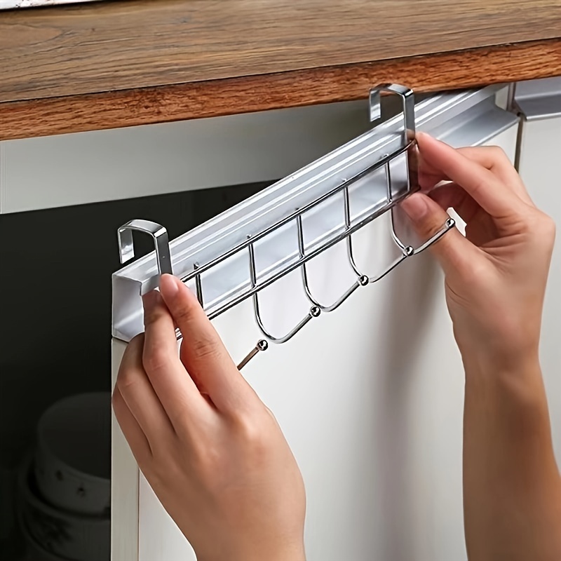 

Stylish Stainless Steel 5-hook Rack For Kitchen Cabinet Doors - Rust-proof, Over-the-door Organizer With Storage Basket