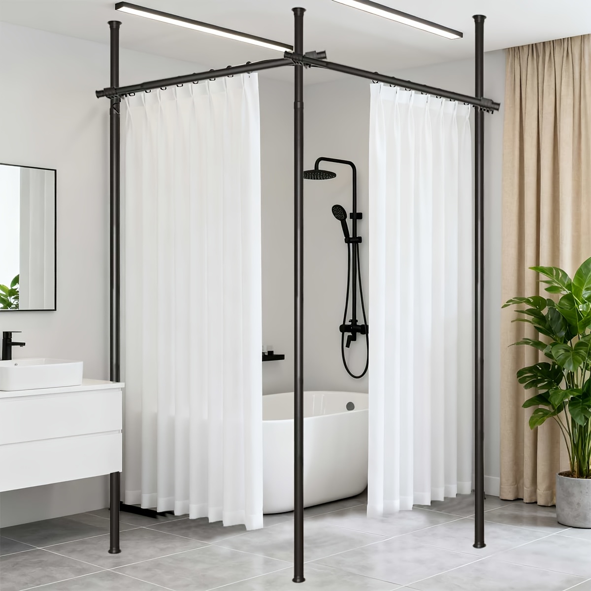 Room Divider No Drill Tension Curtain Rods Wall Divider For Room , Heavy Duty Partition Space Separator Freestanding Tension Curtain Stand