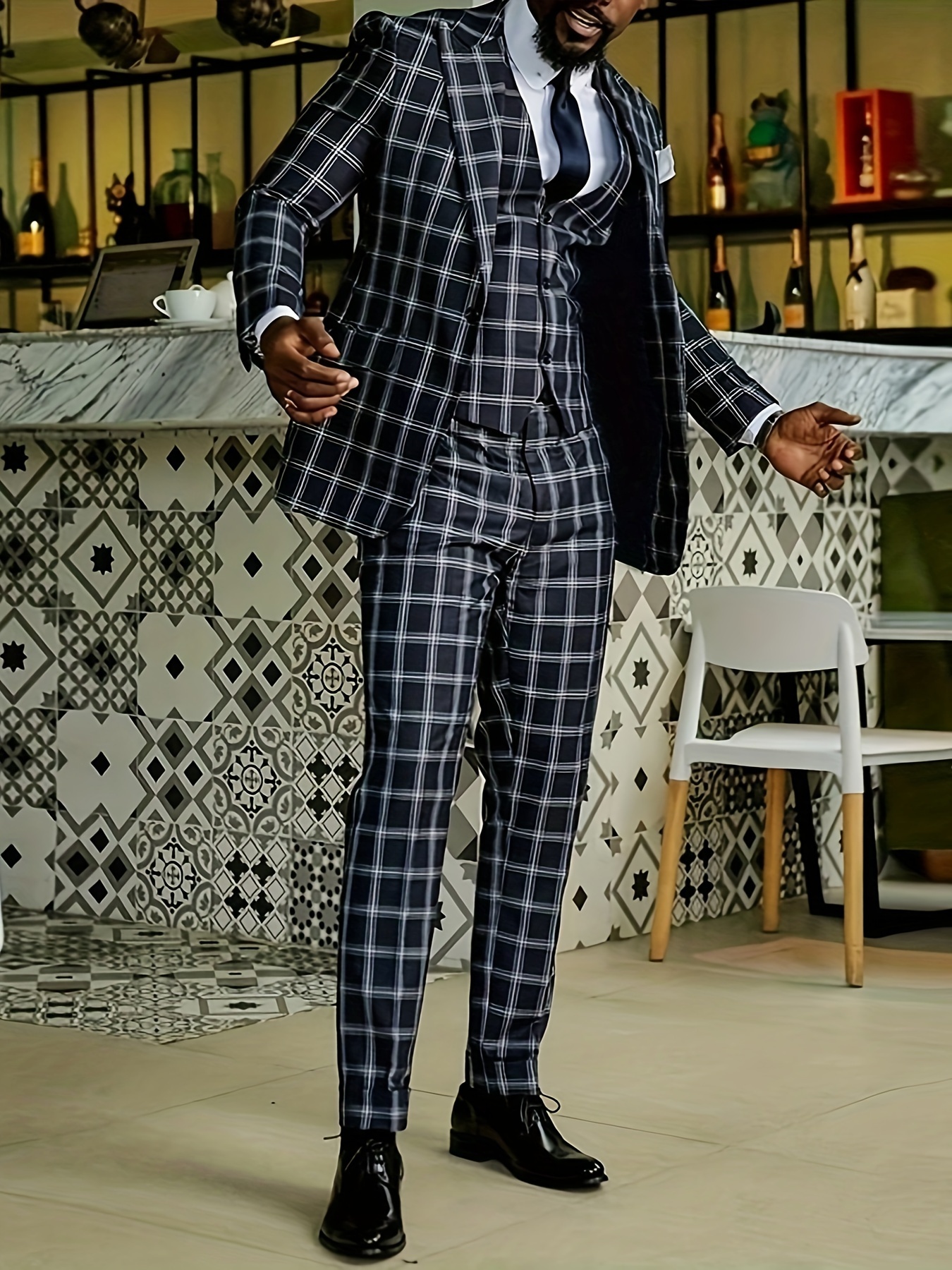 Traje de piezas a cuadros para hombre, conjunto de chaqueta de un solo  pecho chaleco pantalón formal para hombre