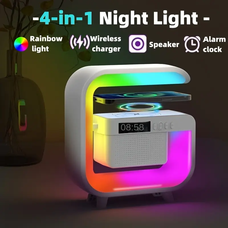 new 4 in 1 wireless charging speaker colorful led desk lamp wireless charging wireless speaker multi functional hifi speaker heavy bass speaker time alarm clock tf card speaker details 0
