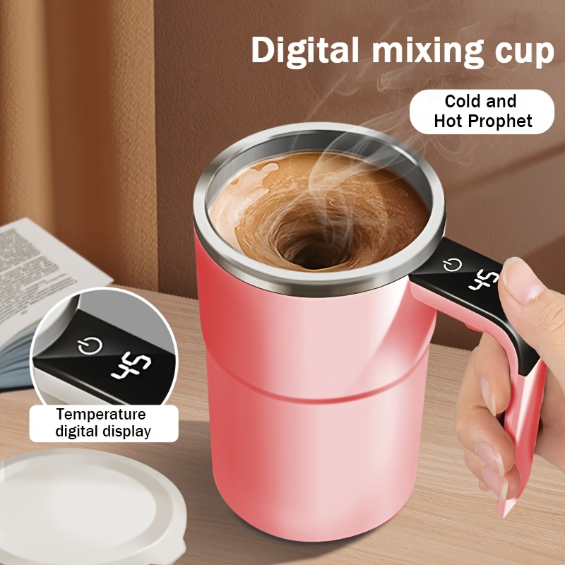 TEMU 1pc Pink Stainless Steel Self-stirring Coffee Mug With Digital Temperature Display - Usb Rechargeable, 155mah Battery, Abs Lid, Hand-wash Only - Ideal For Use, Coffee Travel Mug