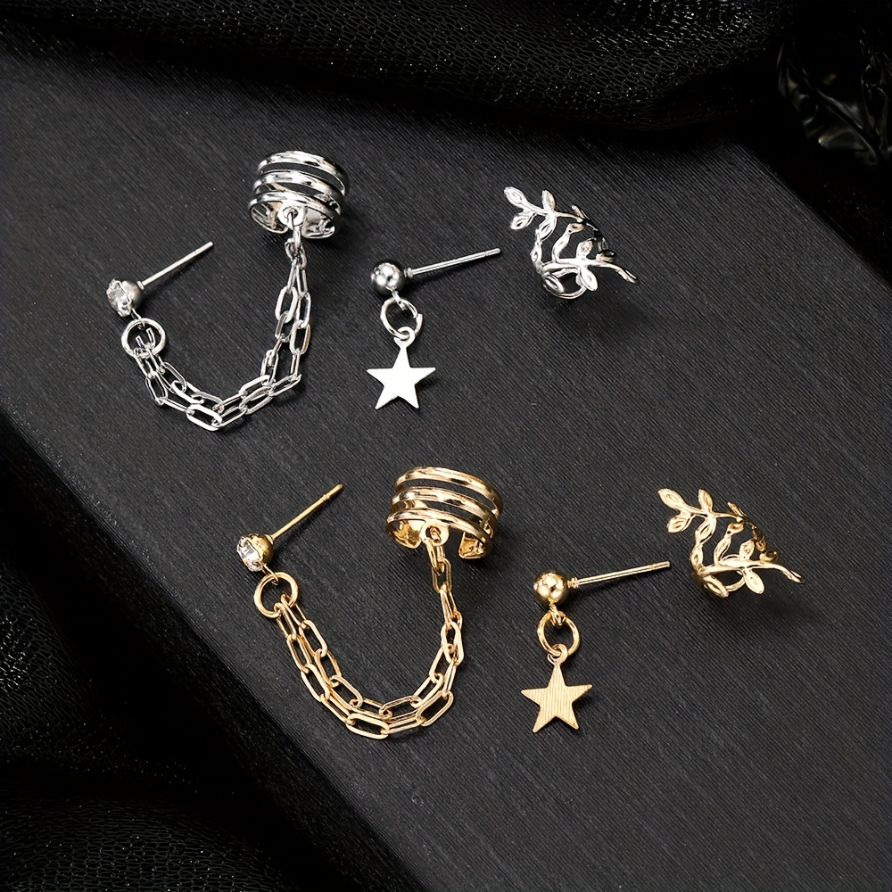 3pcs Star Chain Leaf Clip-On Earrings Set for Women