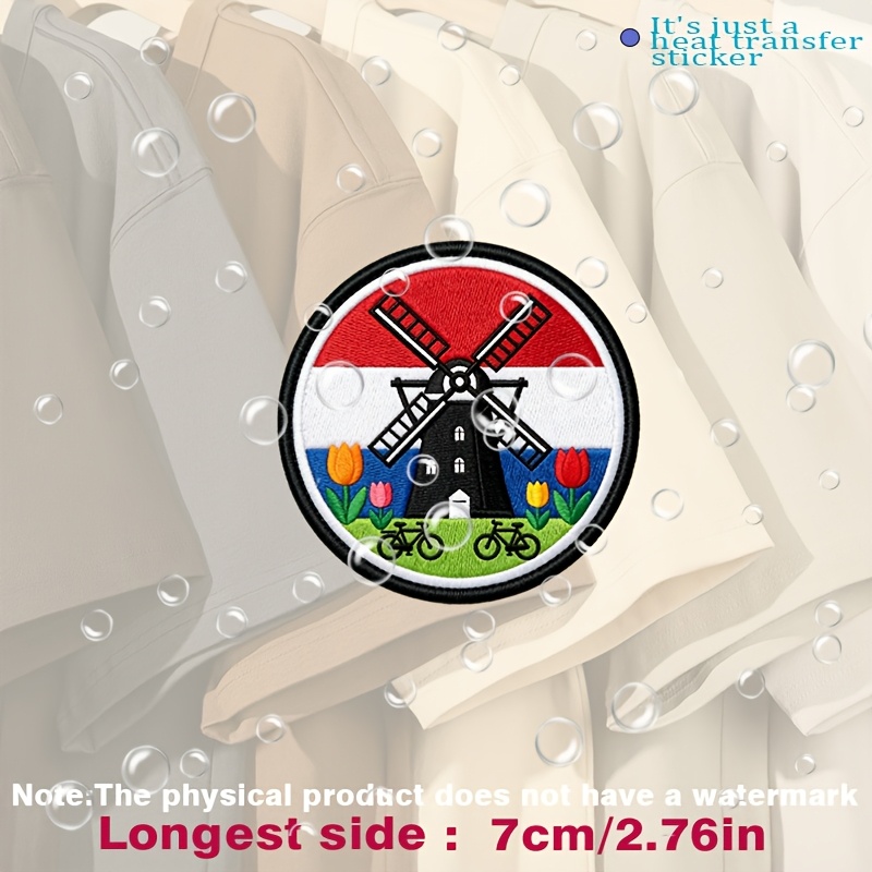 TEMU Circular Patch Featuring A Black Windmill, Colorful Tulips, Bicycles, And , Heat Transfer Stickers Are Suitable For Flat Fabrics Such , Hats,