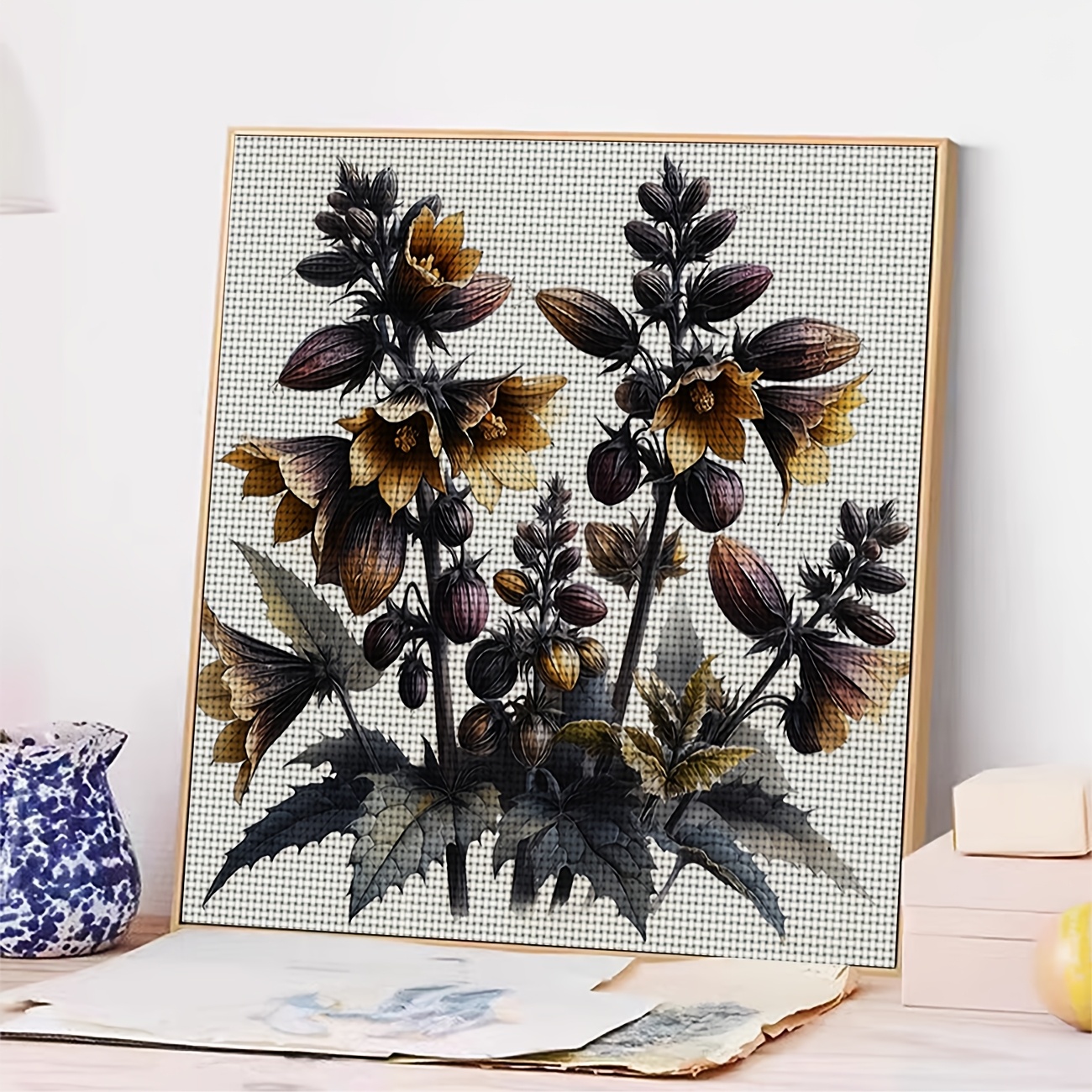 DIY Cross-Stitch Printed Kit, Dark-toned Bell-shaped Flower Pattern