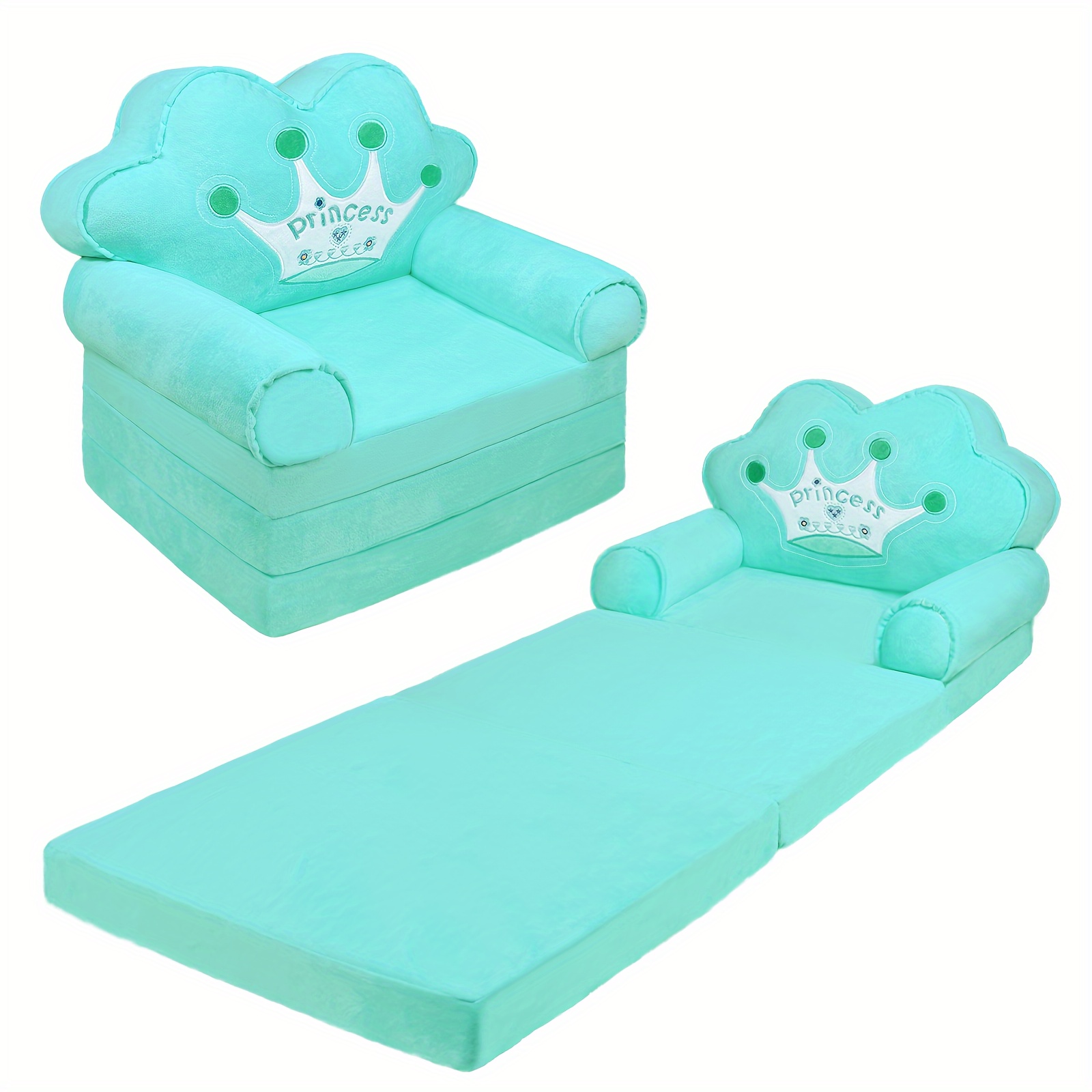 Kids Sofa Princess Crown Pink - 2-in-1 Flip Open Kids Couch & Lounger | Machine Washable Plush Cover & Certified Safe Foam | Dreamy Reading Nook Chair For Girls