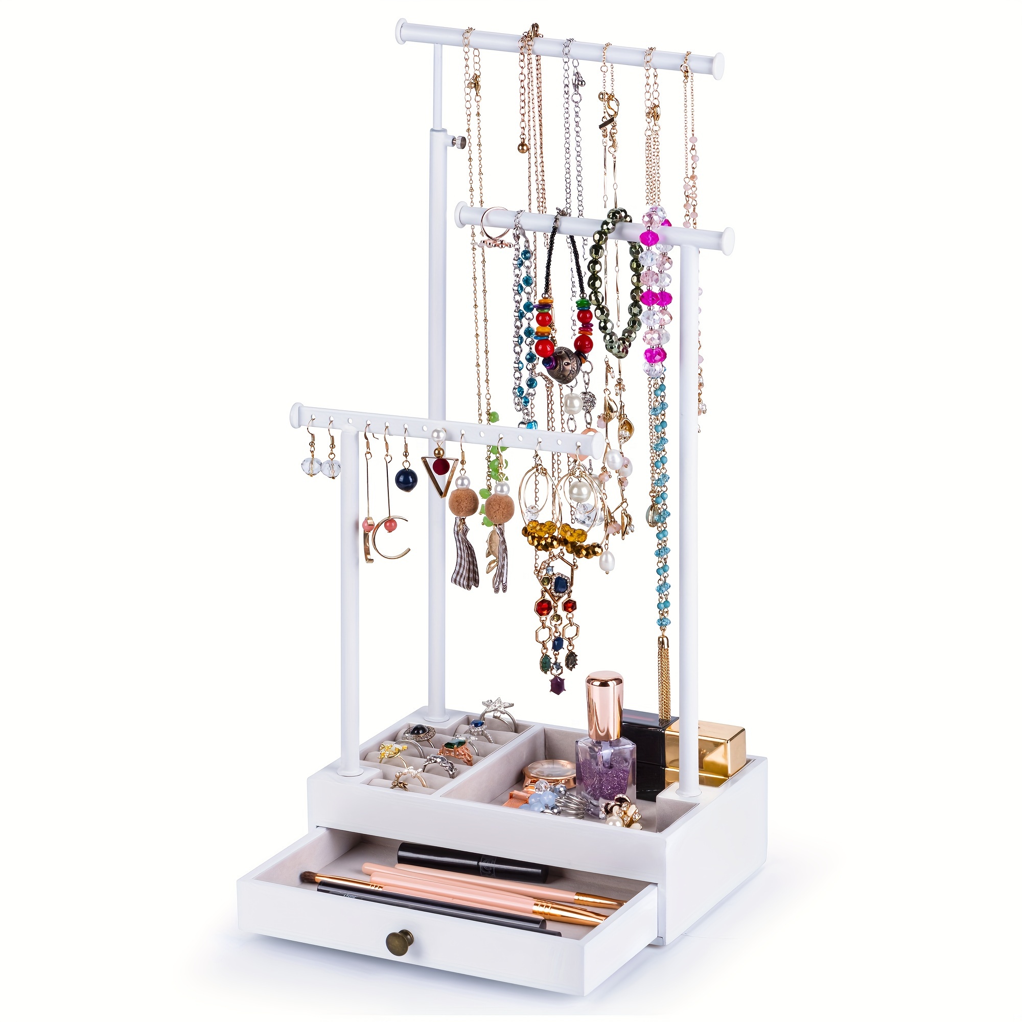 

Necklace Holder Jewelry Tree Stand Adjustable Height With Large Storage For Necklaces Bracelets Earring Rings Drawer Jewelry Organizer Jewelry Display Gift White And White