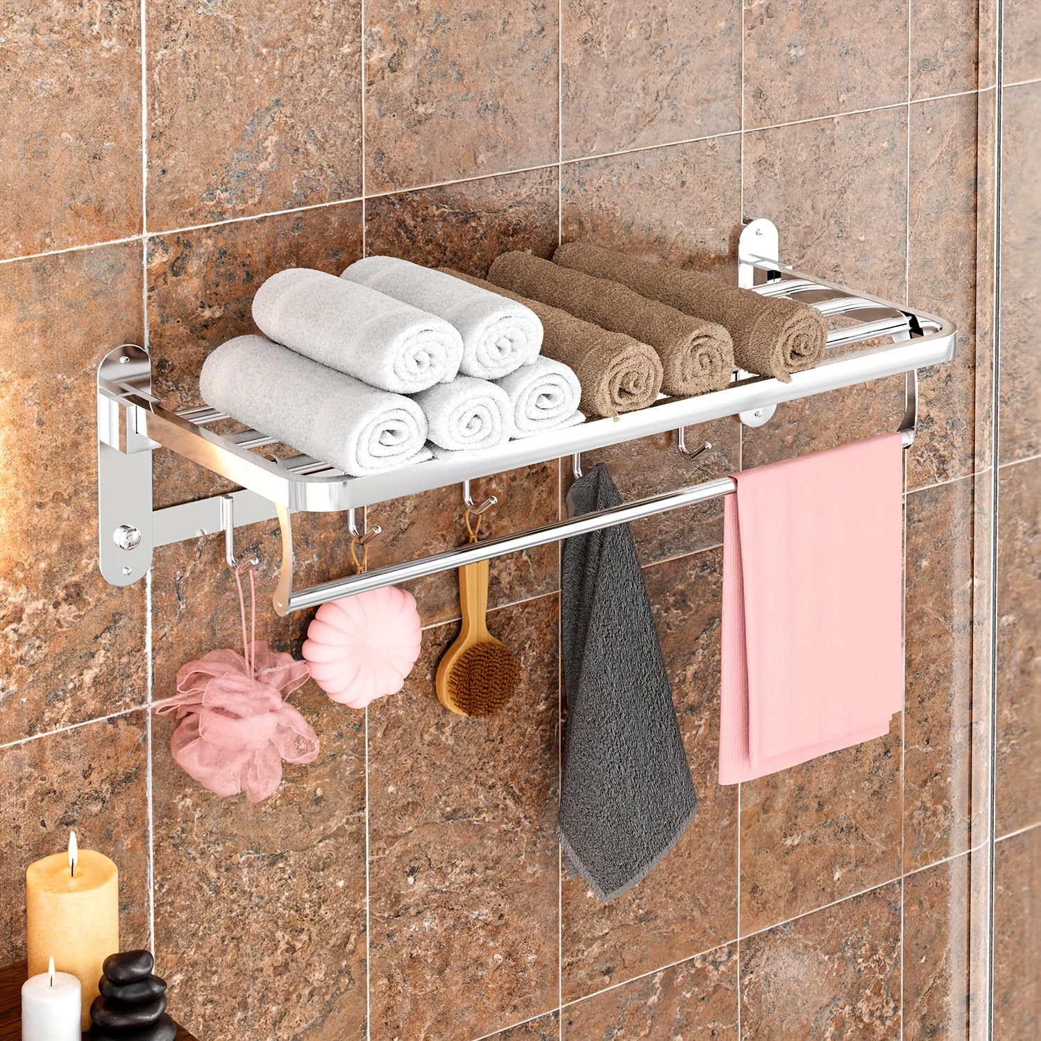 

Wall Mounted Bathroom Towel Rack With Towel Bar And 5 Hooks, Stainless " Foldable Towel Shelf Holder Hanger For Apartment Modern Organizer, Silvery, Shelves