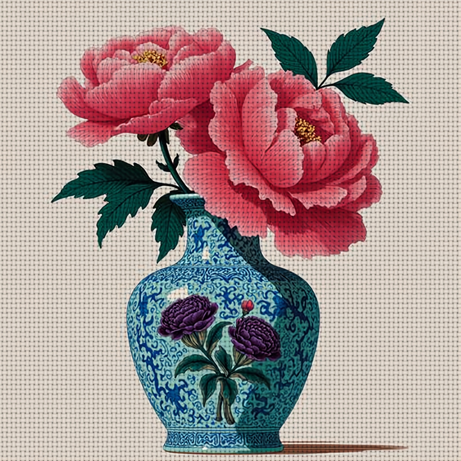 DIY Cross-Stitch Printed Kit, Blue Vase with Pink Peonies Design