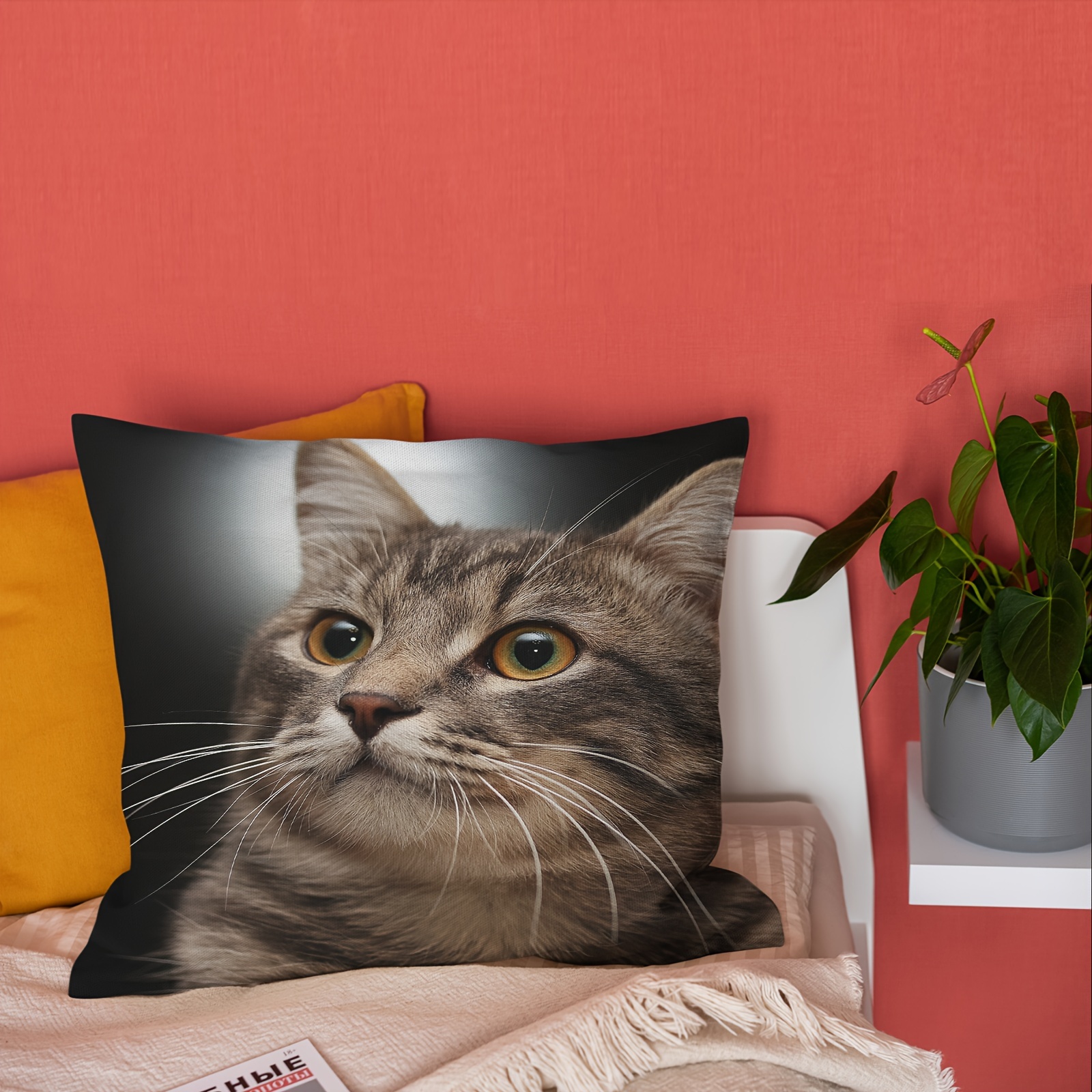 

Cute Cat Plush Throw Pillow Cover 18x18 Inches - Zippered, Machine Washable, Single-sided Print For Sofa & Bedroom Decor, Plush, Cat, Pillowcase, Home Decor