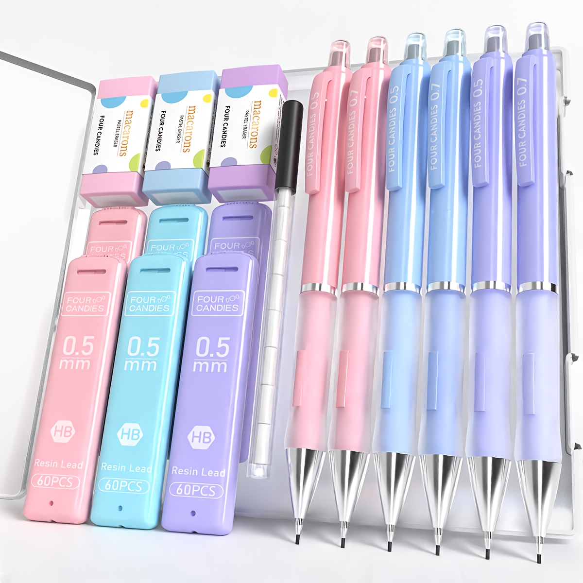 

Pastel Mechanical Pencil Set With Hb #2 Lead Refills And Erasers - 6 Pack 0.5mm & 0.7mm Pencils, 360 Lead Pieces, 3 Erasers, 9 Eraser Refills, Plastic Plain , Ideal For 14+ - Perfect Gift For