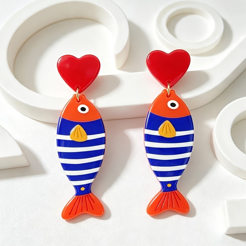 TEMU 1 Par de Aretes Colgantes Acrílicos para Mujer, Diseño Retro con Romántico, Azul y Floral, Peces , Ideales para Todas , Elegantes, , Perfectos