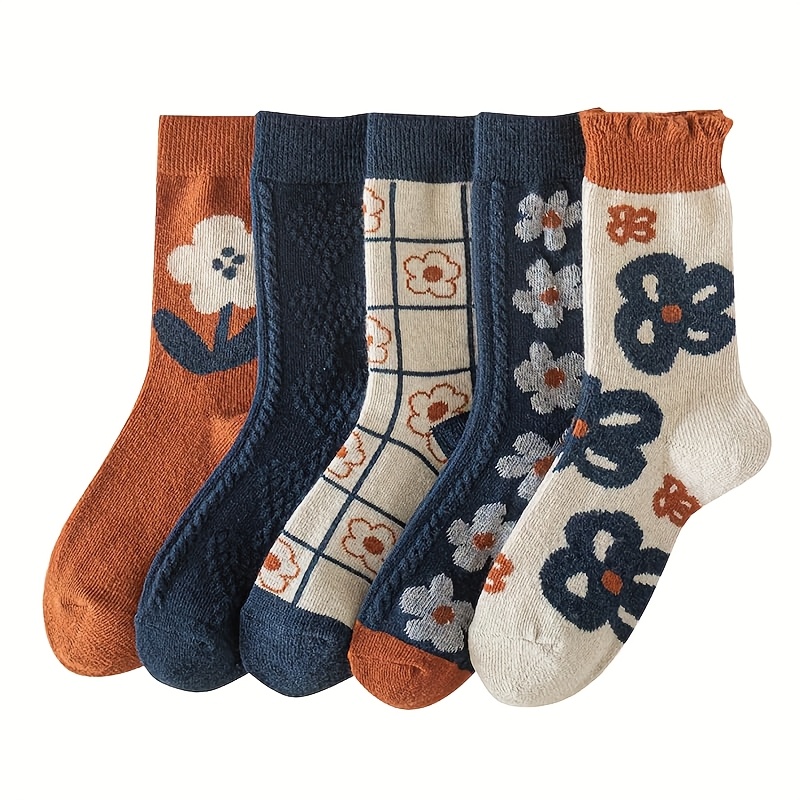 TEMU 5 Pairs Of Retro-style Women's Socks Featuring Floral Patterns In Orange And Blue, Designed For Casual Wear. Soft And Comfy Lace Socks Are Cute,