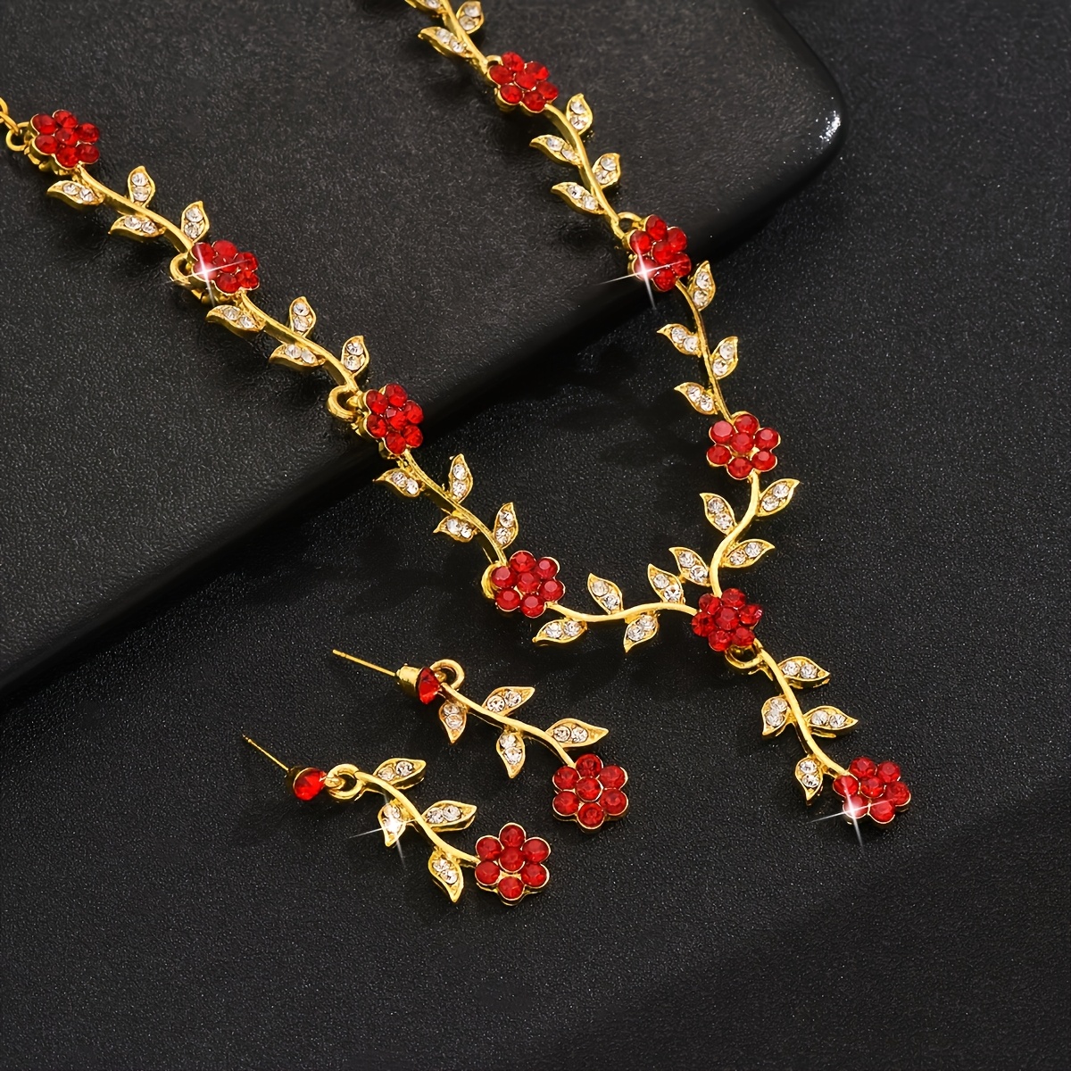3pc Rhinestone Flower Jewelry Set - Necklace Earrings