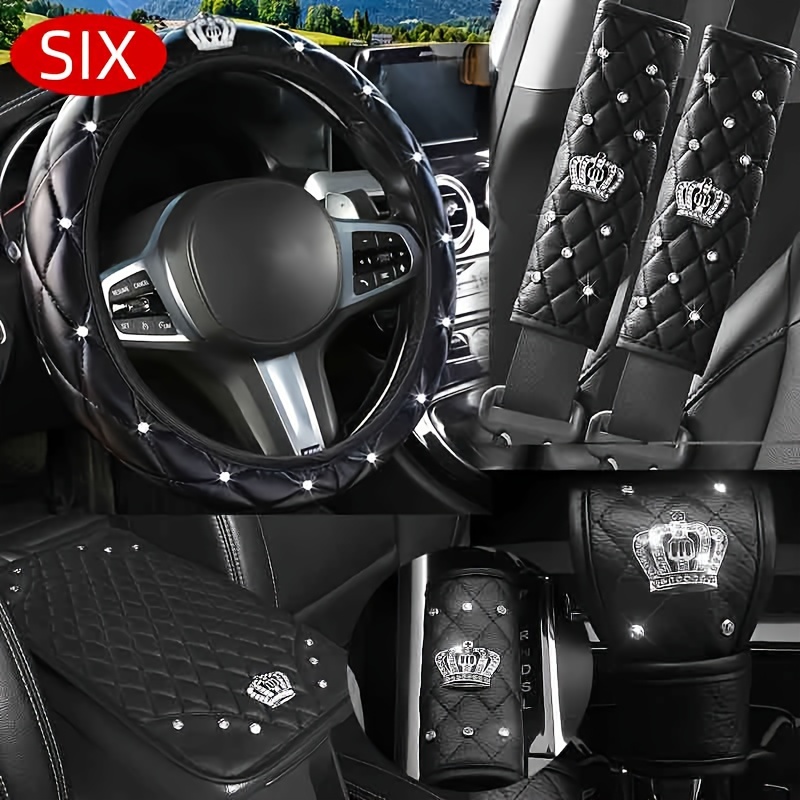 

6-piece Car Interior Accessory Set, Pu Leather Steering Wheel Cover (15-inch), Armrest Cover, Grip, Gear Shift Cover, For Seat Belt Pads, Universal Fit For Women's Vehicle Decor