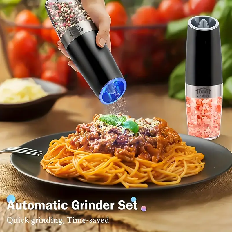 2pcs gravity powered electric salt and pepper grinder battery powered led handed automatic operation adjustable coarse grinder grinder black rocking chair gadget gift battery powered Product details 5