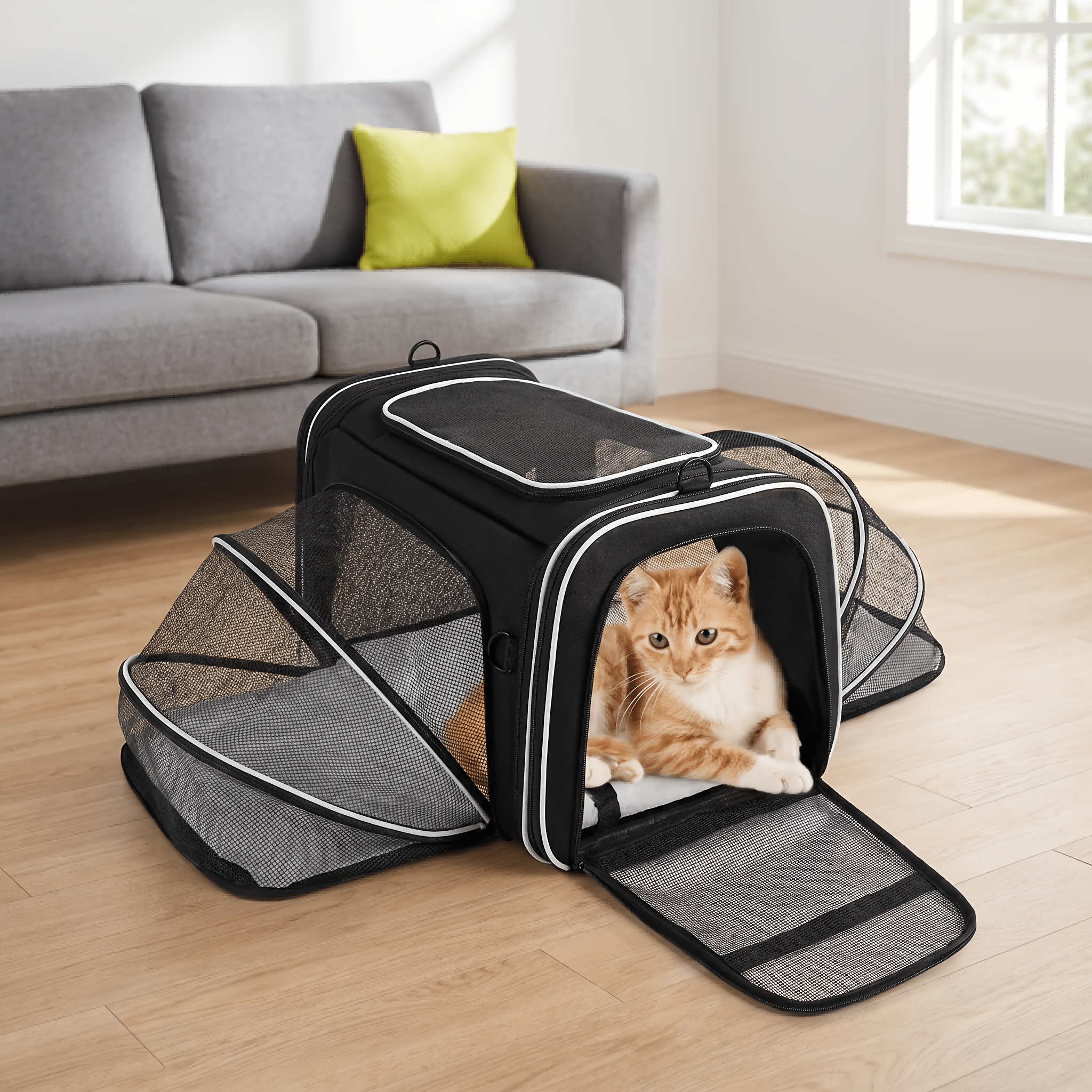 Portable Expandable Soft-sided Foldable Suitable For Kittens & Small Dogs - Expansion, 3 Entry Points, Mesh Ventilation Pockets, Zipper Closure Foldable Carrier For Travel, Carrier For Cats & Puppies