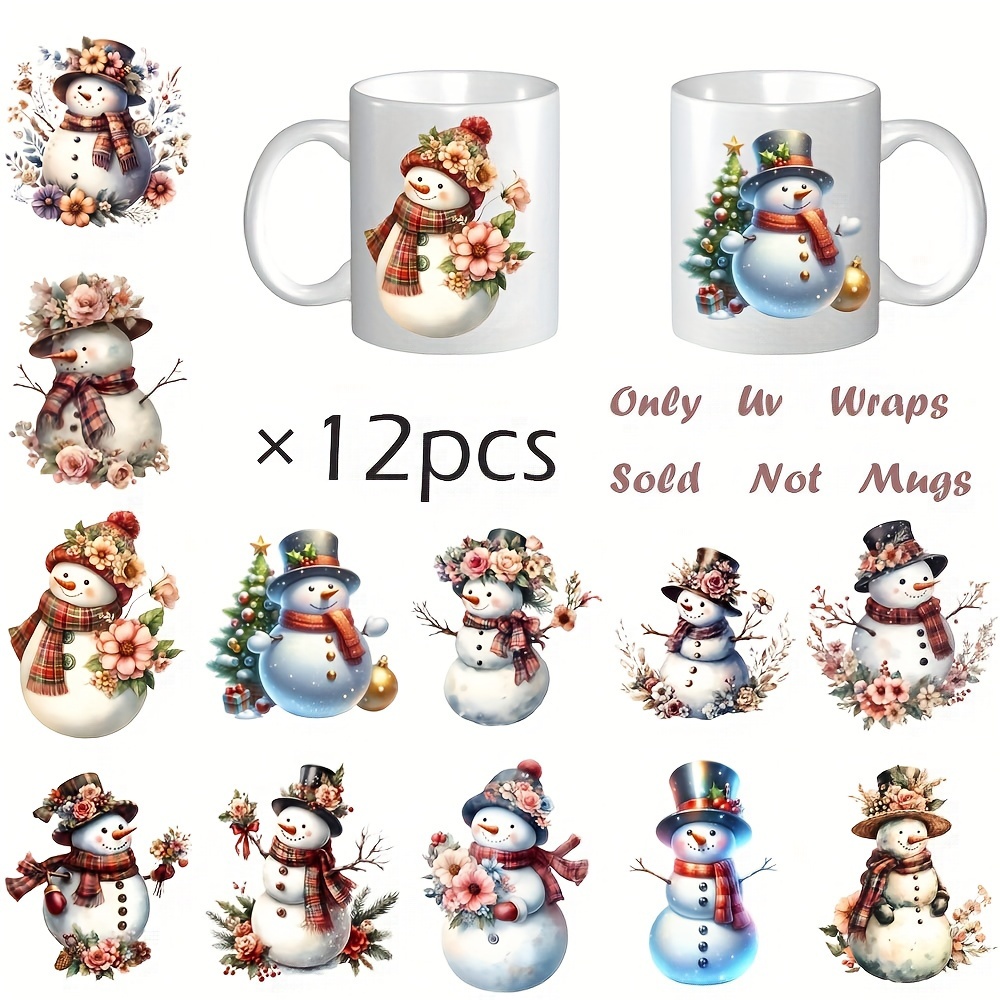 

12-set Christmas Snowman Diy Glass Container Wrap Stickers, Uv Dtf Transfer Decoration Adhesive Paper For Coffee Mugs And Crafts