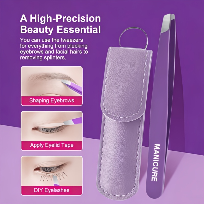 TEMU Pince à épiler à pointe biseautée violette, 1 pièce, avec pochette, en acier inoxydable de , pince à épiler pour sourcils pour et éliminer les