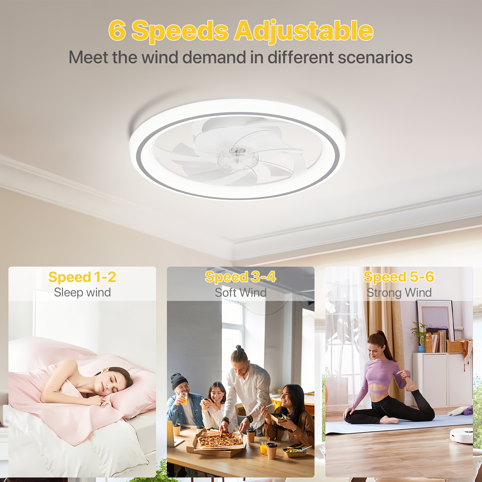 20 modern dimmable led ceiling fan with light   control 3 color temperatures 6 adjustable   flush mount design for bedroom   timer setting wireless control polished   bedroom ceiling fan contemporary lighting Product details 2