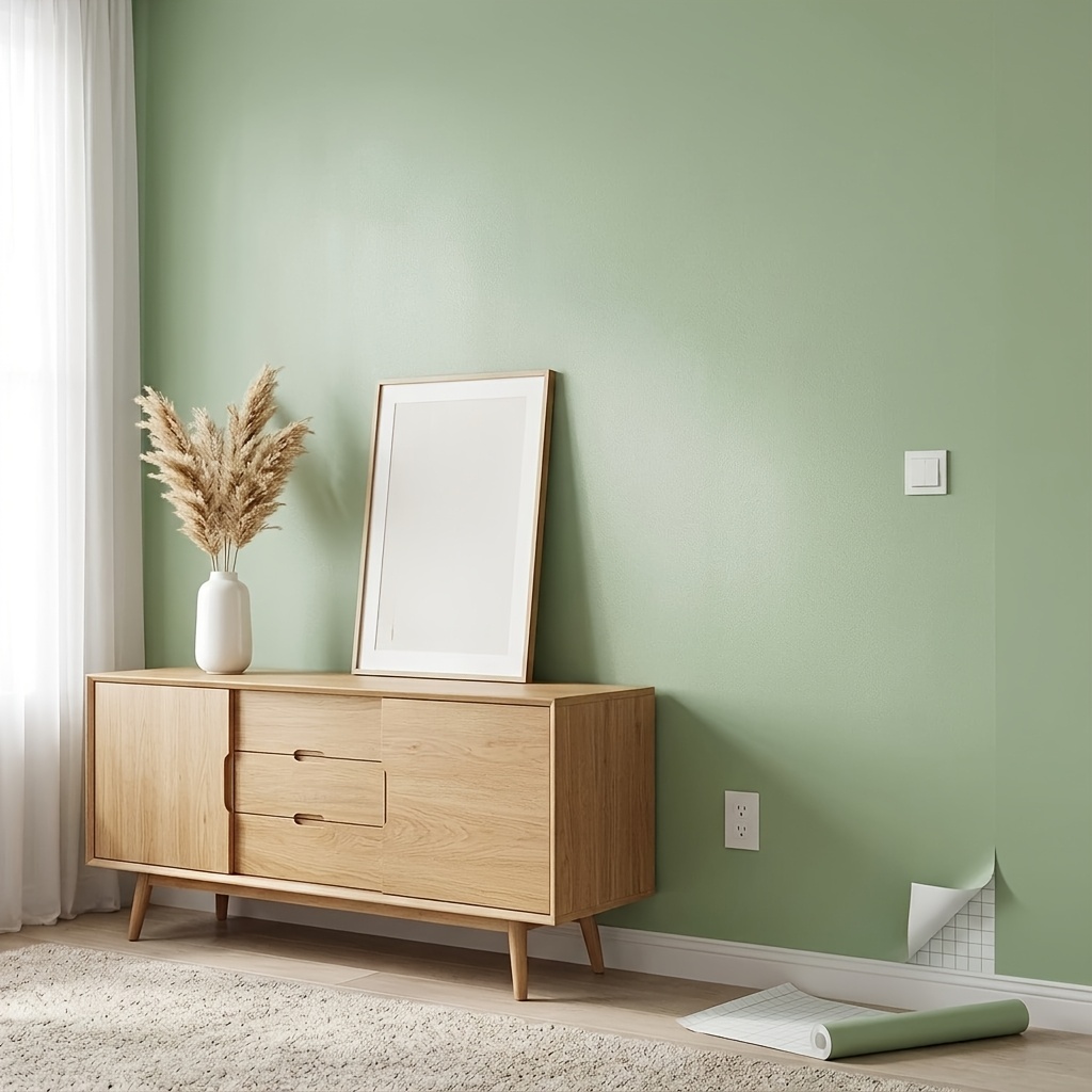 TEMU 1 Roll Light Green Self-adhesive Contact Paper, Wall Decoration Self-adhesive Wallpaper, Cabinet Green Stickers, Kitchen Solid-color Wallpaper,