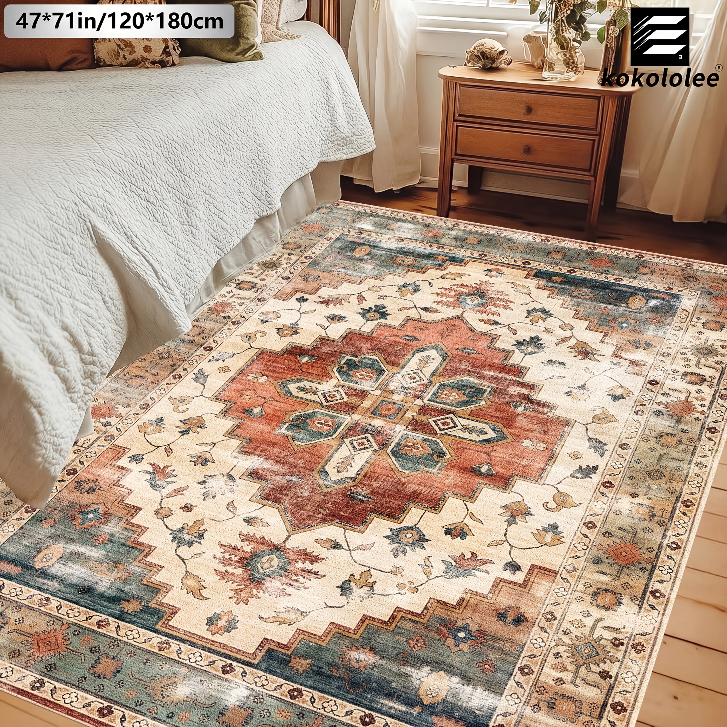 TEMU 1pc 2d Flat Kokololee Luxury Velvet Area Carpet - Bohemian Pattern, Non-slip Backing, Machine Washable, 100% Polyester Fiber. Ideal For