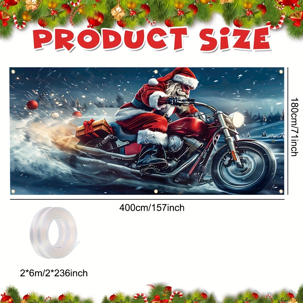 TEMU 2d Door Banner 2d Party Banner, 1pc, Christmas Garage Door Cover Banner, Featuring Santa Riding A Motorcycle Design For Winter, Measuring 157x71