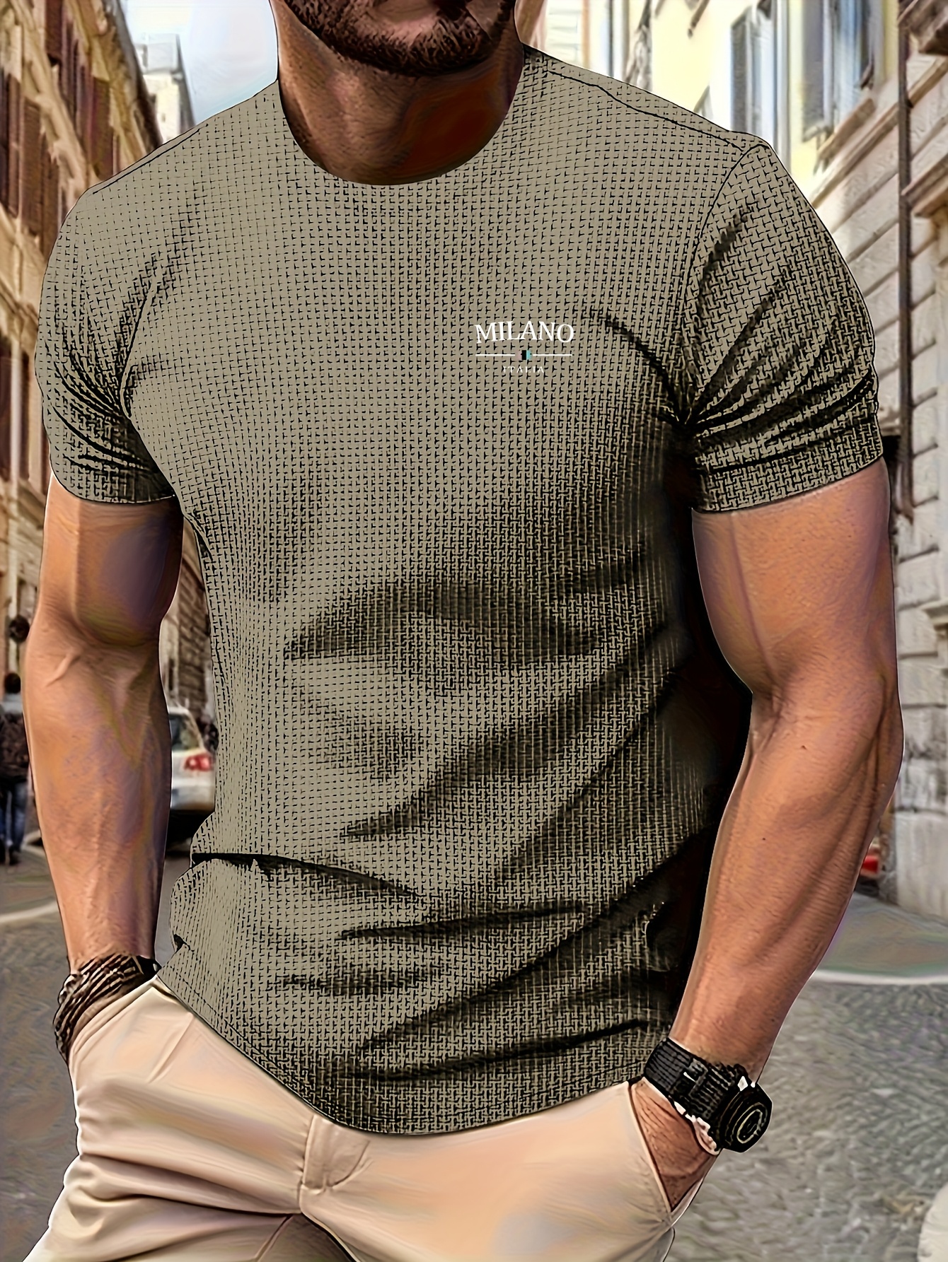 Men's Milan Print Short Sleeve Crew Neck T-Shirt, Breathable Nylon Blend, Comfortable Casual Top for Summer Outdoor Activities & Tennis Training