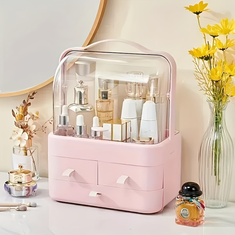 TEMU 1pc Dust-proof Makeup Organiser, Vanity Skincare Product Lotion Holder, Large Cosmetic Storage Box For Bathroom, Countertop, Bedroom, Dresser, Pink/green/white