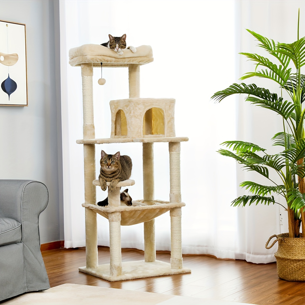 

Luxury 56.3 Inch Sisal Cat Scratching Post With 2-door Condo Cat Tree Tower, Super Hammock & Chubby Resting Center, Solid Metal Structure For Multiple Cats