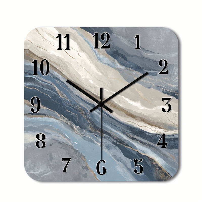 TEMU 1pc Of A Silent Wall Clock That Tick, Featuring A Decorative Square Design With A High-definition Glossy Laminate End. It Has An Abstract Marble