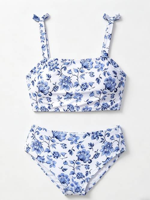 girls spring summer and white floral print camisole top and brief separated 2pcs swimsuit set suitable for vacation beach pool etc a gift