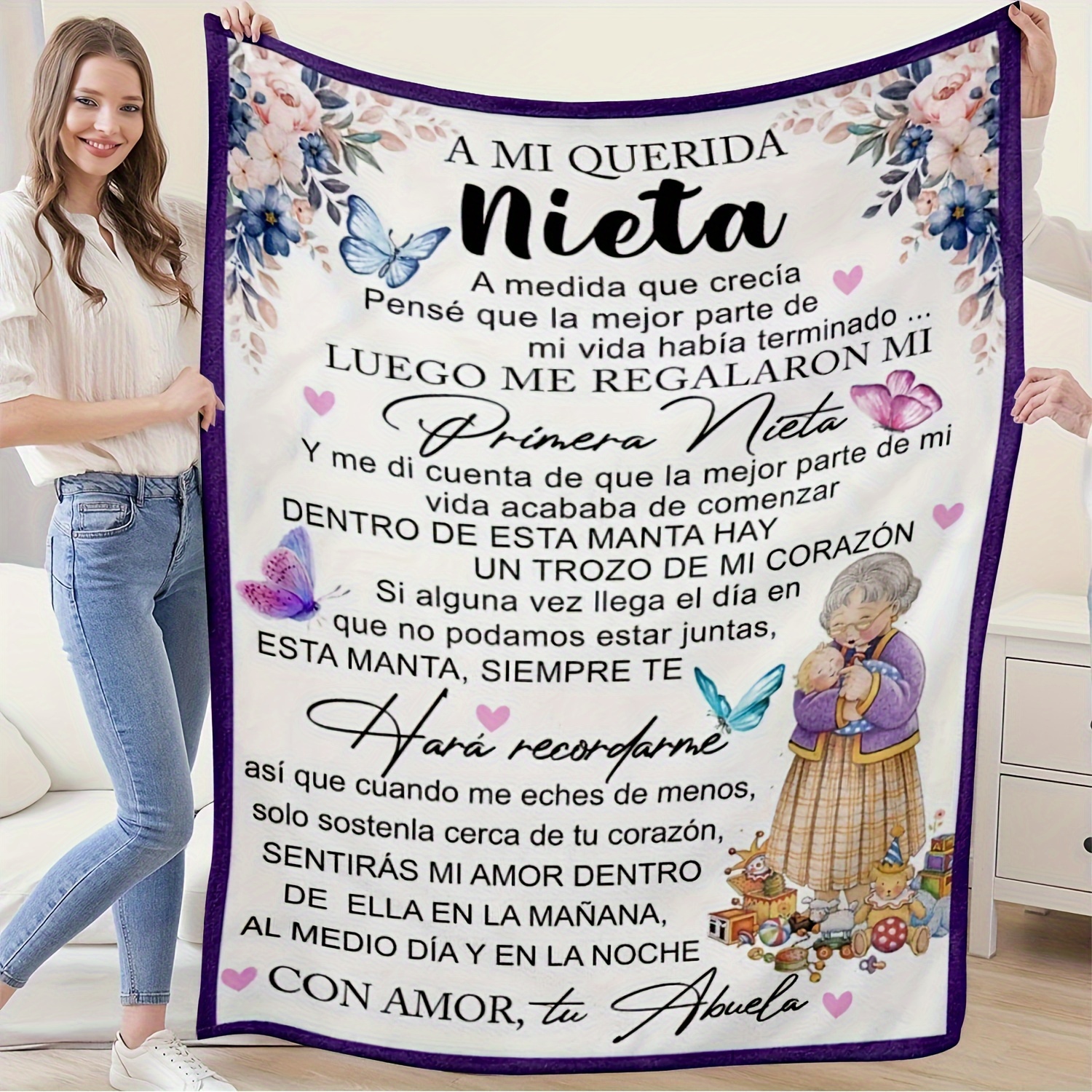 TEMU pequeña de 1 pieza con encantador estampado de mariposas y flores y letra española - Un regalo detallista para una , franela ultrasuave, y