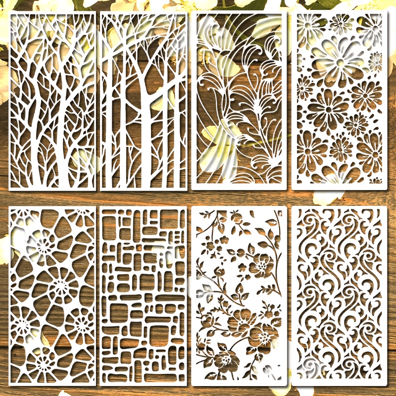 TEMU 1 Set/8pcs Gabarits Carrés Géométriques, Floraux, Texture de Branches Réutilisables Lavables Outils de Dessin Pochoirs Fournitures d'Art Adaptés