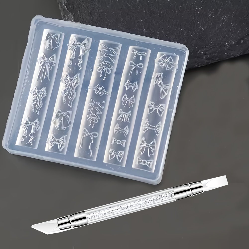 TEMU 1pc Elegant Bow Silicone Nail Art Mold And 1pc Double-ended Silicone Sculpting Pen, Cute Bow Ribbon Carving Stencil, Gel Printing Template,