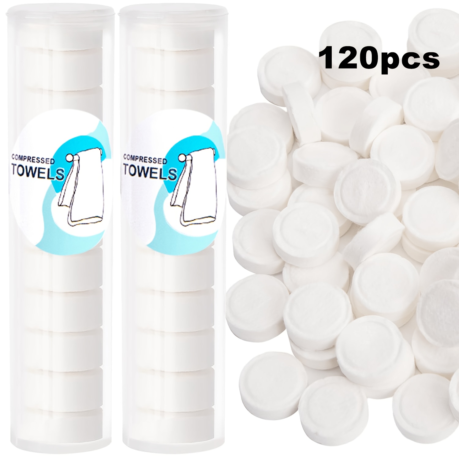 TEMU 120 pièces de serviettes compressées avec 2 tubes, portables, adaptées aux , au camping air et aux salons de beauté, 120 pièces + 2 tubes