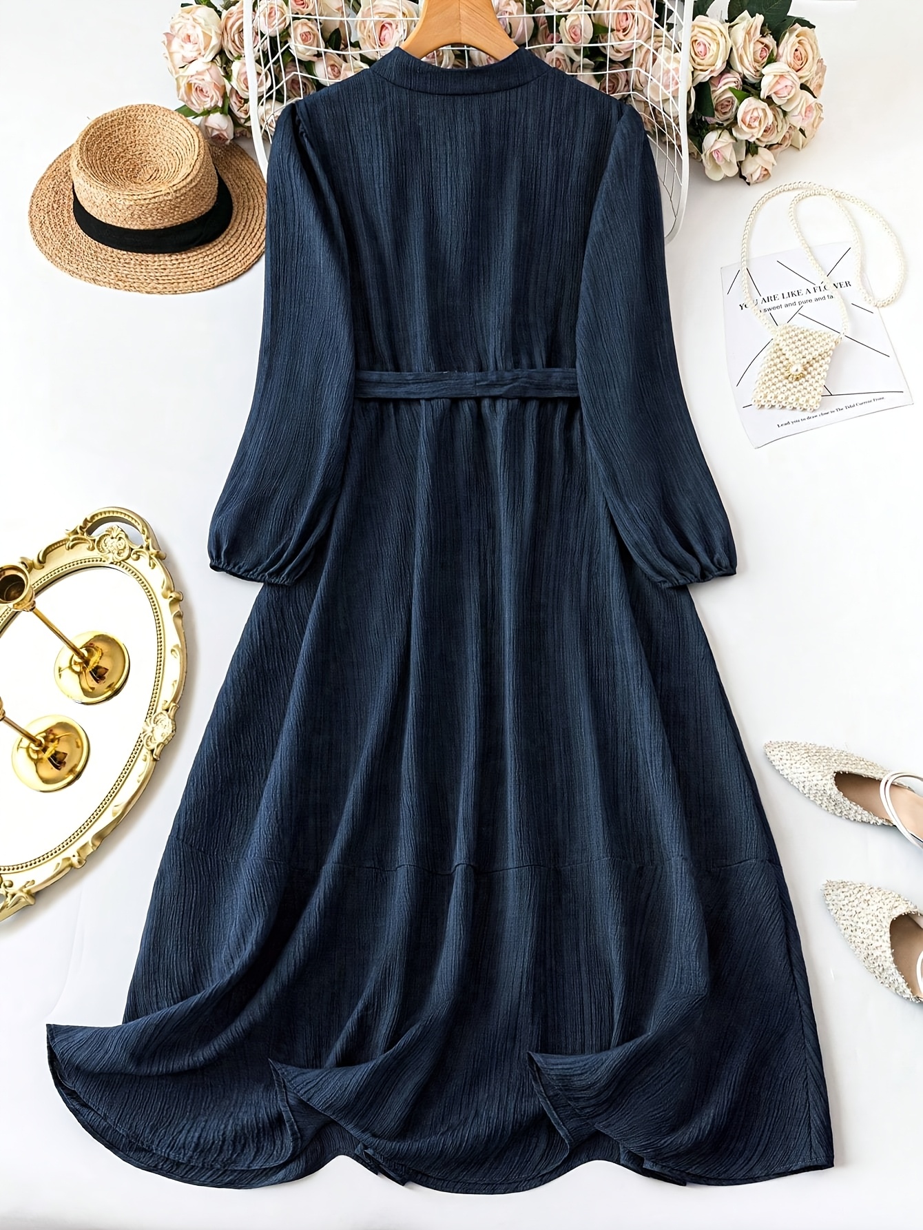 שמלה אלגנטית וארוכה לנשים מידות גדולות עם כורים - צבע אחיד, צווארון, לבוש, בד, לבוש, צווארון, לובש שמלה רשמית קזואל | אלגנטית | עדינים