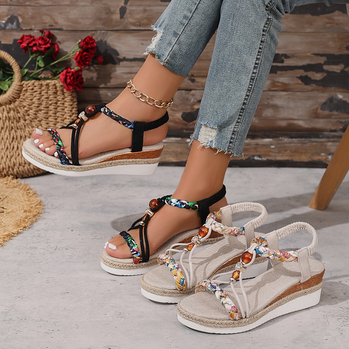 Bohemian Style Espadrille Wedge Sandals for Women - Open Toe, Ankle Strap, High Heel, Comfortable Summer Beach Shoes with Colorful Beaded Accents, Strappy Sandal
