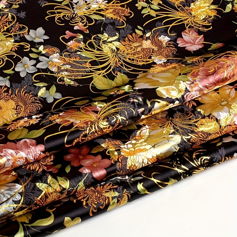 27-inch Wide Black Floral Brocade Material, Bright Multicolored , 150gsm Jacquard Weave Suitable For Gowns, Dresses, Home Decoration & Craft Projects