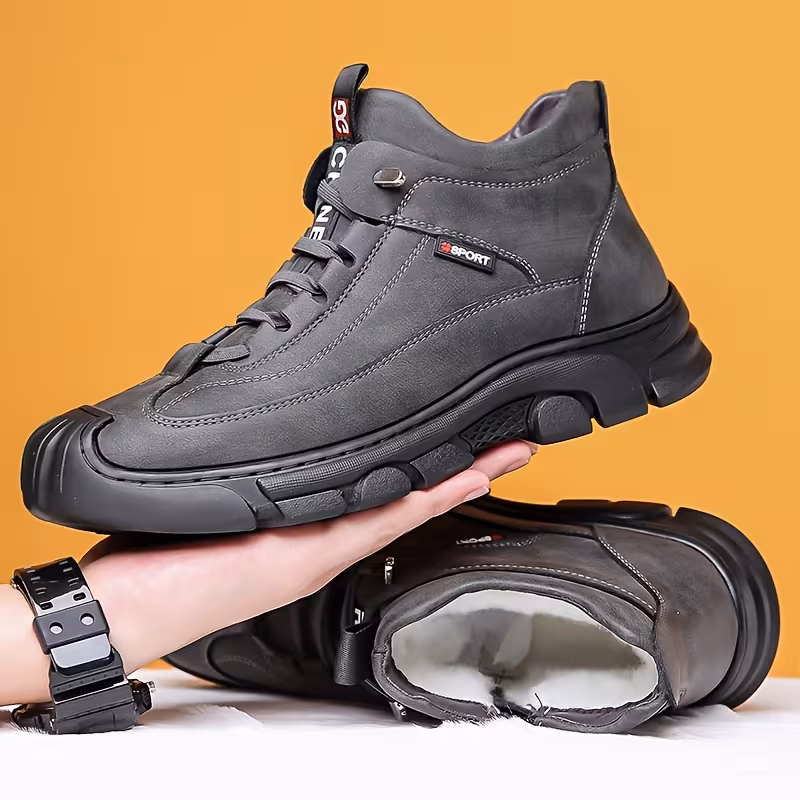 mens high top fleece lined warm snow sneakers black durable pu upper with furry collar reinforced toe heel non slip pvc sole for hiking outdoor and casual wear in fall winter winter boots Product details 8